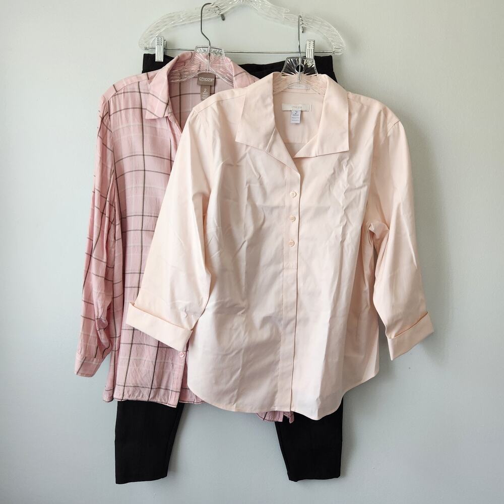 Chico's Shirt Pants 3 Piece Set 2 (L) Pink Gray Elevated Basics Workwear Travel